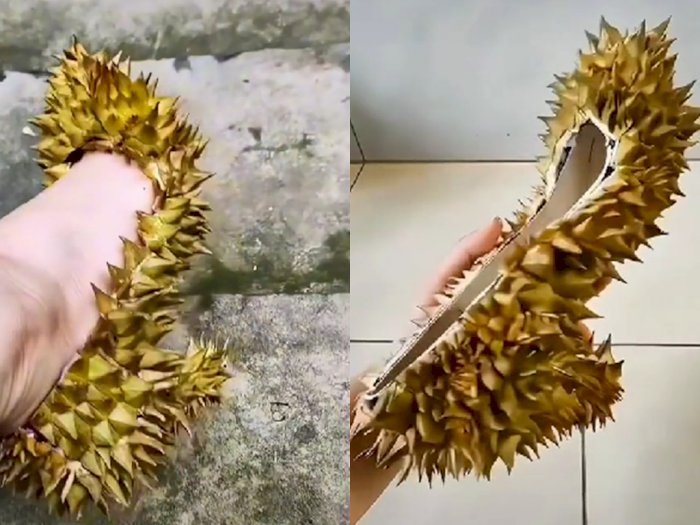 Unik! Wanita Ini Pakai Sepatu dari Kulit Durian, Netizen: Aman Buat Pulang Malam