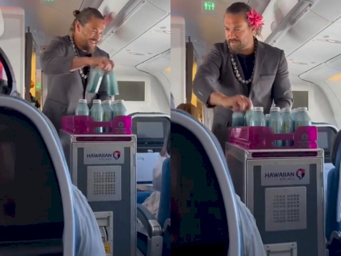 Heboh Jason Momoa Aquaman Mendadak Jadi Pramugara dan Bagikan Minum ke Penumpang Pesawat