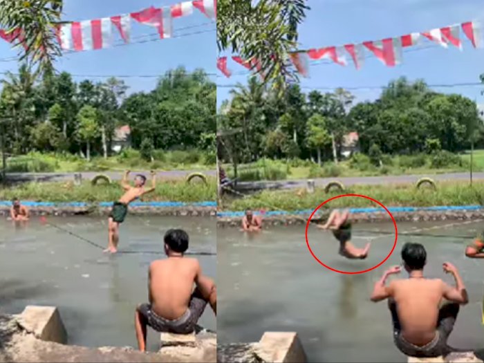 Aksi Kocak Remaja Ikut Lomba Seberang Sungai Pakai Tali, Endingnya Bikin Gigit Jari!