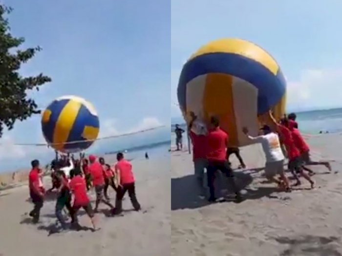 Gokil, Para Pria Ini Main Voli Pantai dengan Bola yang Super Besar, Bikin Perut Jadi Keram
