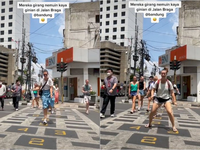 Aksi Bule Girang Main Engklek saat Nyebrang Jalan Braga Bandung Bikin Warganet Nostalgia