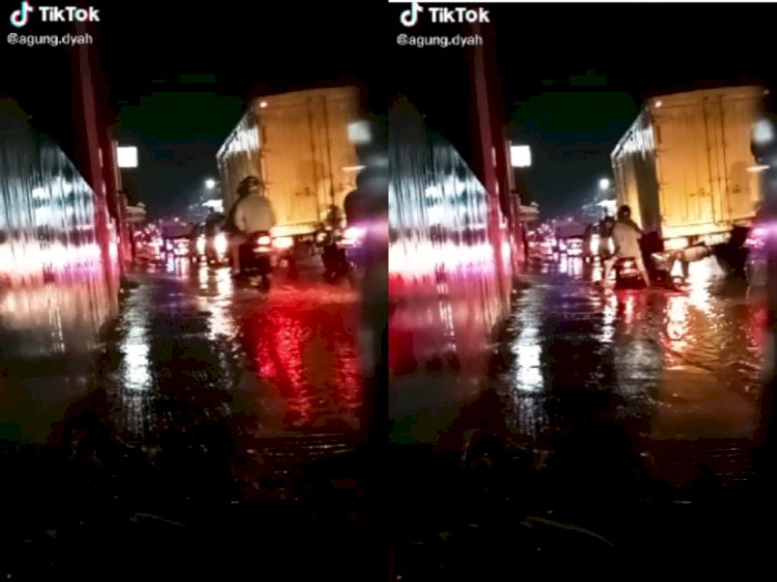 Jalan Berlubang Tertutup Banjir, Pengendara Motor Ini Hampir Nyungsep: Komstir Aman?