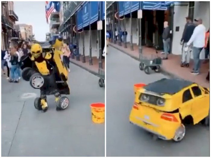 Keren! Orang Ini Kenakan Kostum Robot Bumblebee dan Berubah Jadi Mobil yang Bisa Jalan