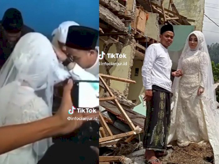 Haru! Sejoli Menikah di Tengah Reruntuhan Bangunan Gempa Cianjur, Banjir Ucapan Selamat