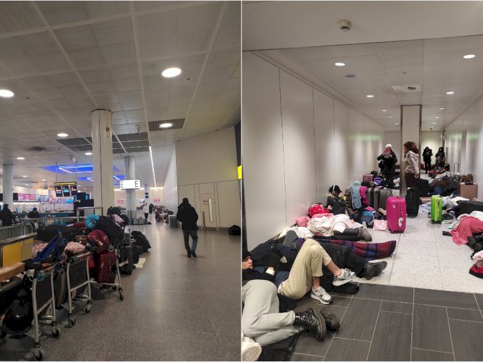 Pemandangan Wisatawan Tidur di Lantai Bandara Usai Penerbangan Dibatalkan