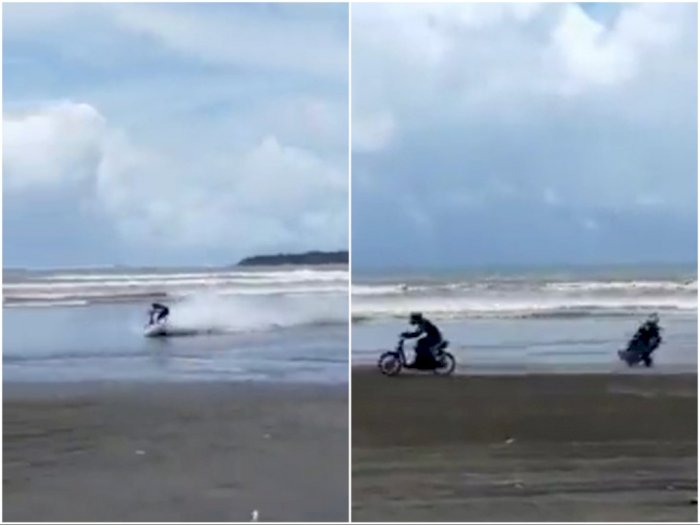 Viral Balapan di Pantai Sampai Air Laut Muncrat, Ujungnya 2 Pembalap Jatuh