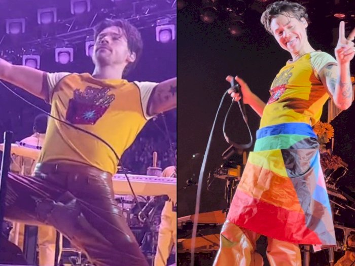 Video Momen Celana Harry Styles Robek saat Konser, Lalu Ditutup Pakai Bendera Pelangi
