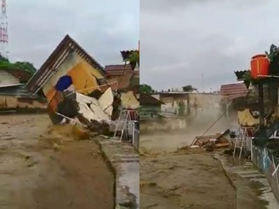 Detik-Detik Rumah di Banyuwangi Roboh Terseret Arus Sungai Kalilo, Warga Teriak Histeris