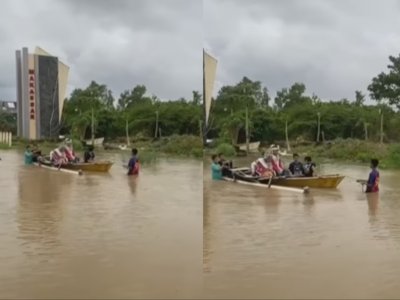 Duh! Gara-gara Banjir, Pasangan Pengantin Ini Terpaksa Naik Perahu ke Tempat Akad