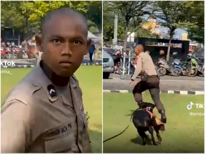 Kocak Banget! Polisi Ini Pasang Muka Sangar saat Latih Anjing, Ujungnya Malah Kabur