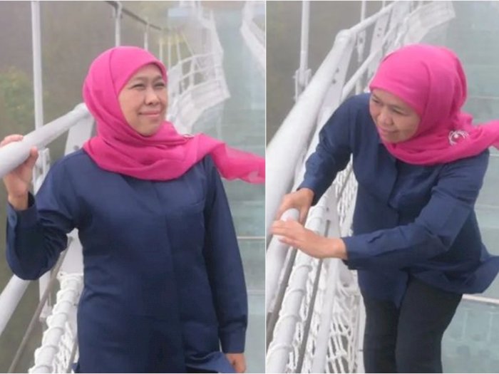 Detik-detik Khofifah Jatuh di Jembatan Kaca Bromo, Posisi Miring Kayak Perosotan Disorot