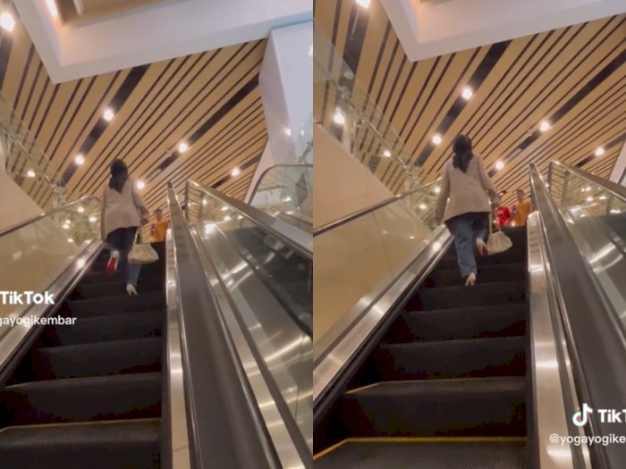 Ngakak! Wanita Cantik Ini Salah Naik Eskalator Mall, Netizen: Mbaknya Banyak Pikiran