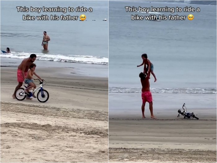 Momen Ayah Ajari Anaknya Bersepeda di Pantai Bikin Netizen Meleyot: Bahagia Itu Sederhana
