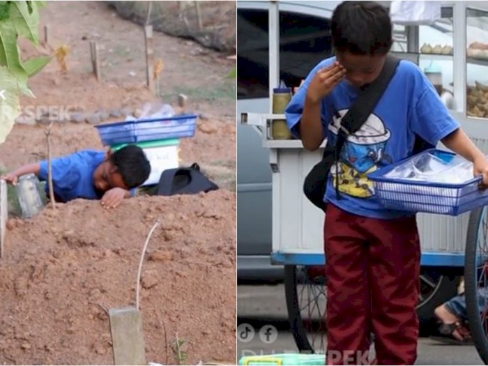 Momen Pilu Bocah Penjual Kue Nangis di Makam Ayah, Sedih Banget Jualan Pake Sepatu Bolong