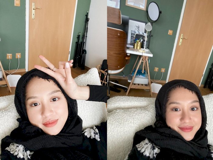Gita Savitri Selfie Rebahan Pakai Pashmina Crinkle Hitam, Dipuji Kim Ji Won Versi Hijab