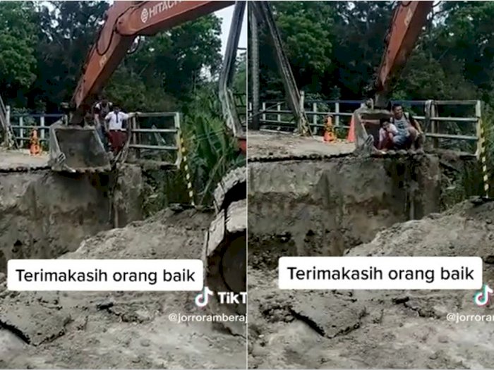 Momen Bocah Diangkut Excavator ke Sekolah Lewati Jembatan Putus, Seru Plus Deg-degan