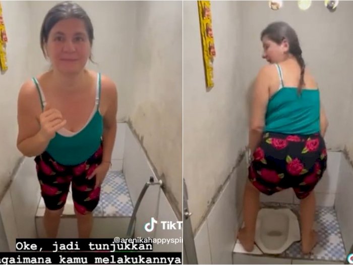 Momen Bule Bingung Pake Toilet Jongkok di Indonesia, Kocak Menghadap ke Dinding