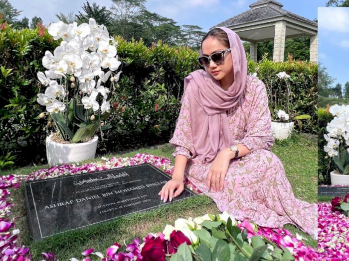 Gaya Feminin BCL Ziarah ke Ashraf Sinclair Auranya Beda, Makamnya Adem Penuh Bunga Pink 