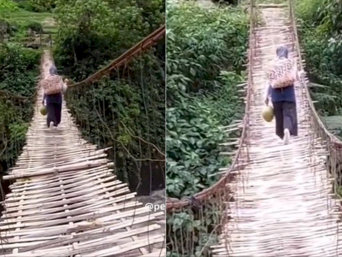 Momen Emak-emak Santai Jalan di Jembatan Bambu, Goyang-goyang Bikin Dengkul Lemas