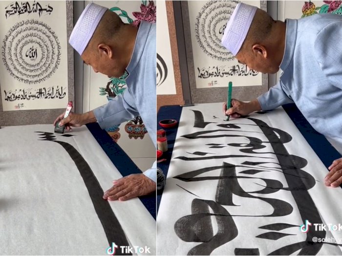 Momen Pria Cekatan Bikin Kaligrafi, MasyaAllah Indah Banget Sekali Lukis Langsung Jadi