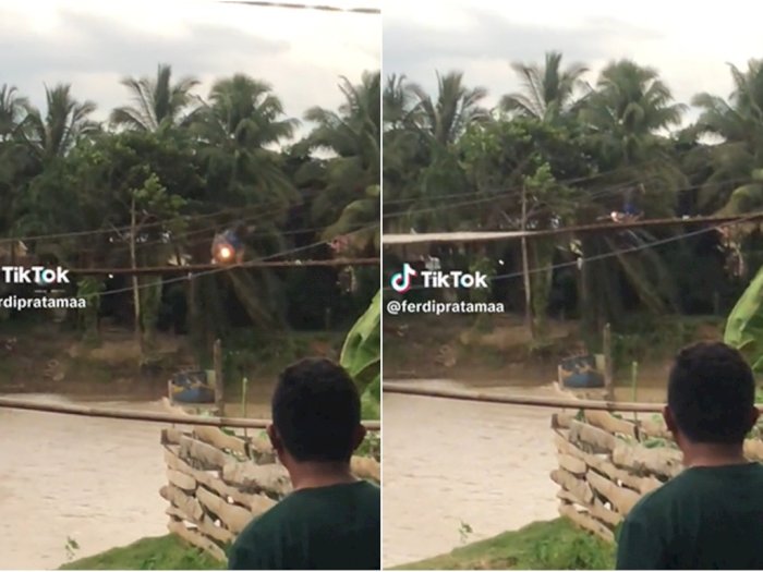 Detik-detik Pengendara Motor Jatuh dari Jembatan Gantung karena Angin Kencang