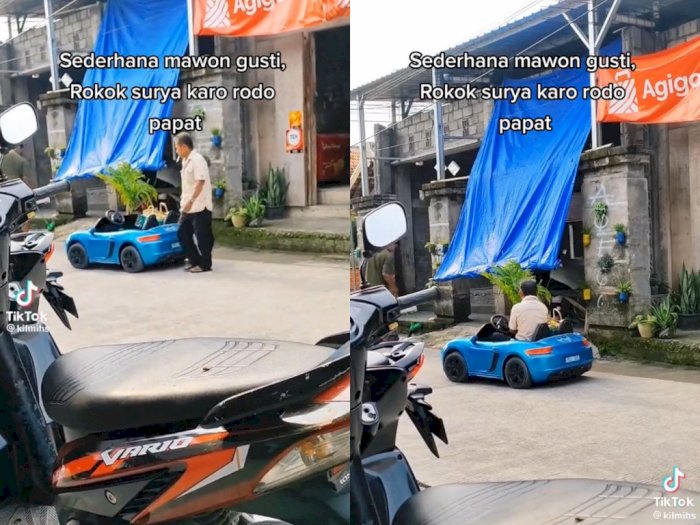 Aksi Kocak Bapak-Bapak Asyik Kendarai Mobil Mainan, Santuy Sambil Merokok 