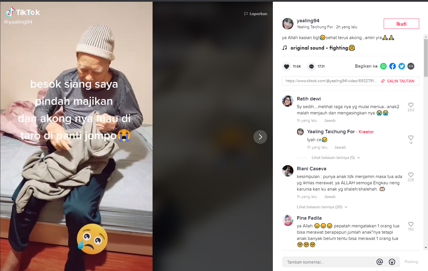 Cuplikan video orang tua yang hendak pindah ke panti jompo. (photo/TikTok/@yaaling94) Cuplikan video orang tua yang hendak pindah ke panti jompo. (photo/TikTok/@yaaling94)