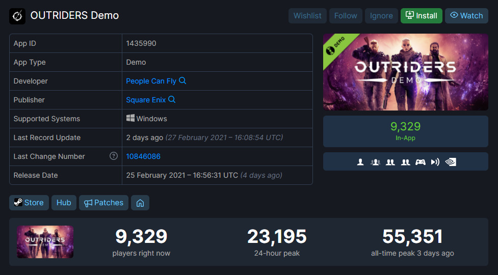 Informasi terkait demo Outriders di platform Steam (photo/SteamDB) Informasi terkait demo Outriders di platform Steam