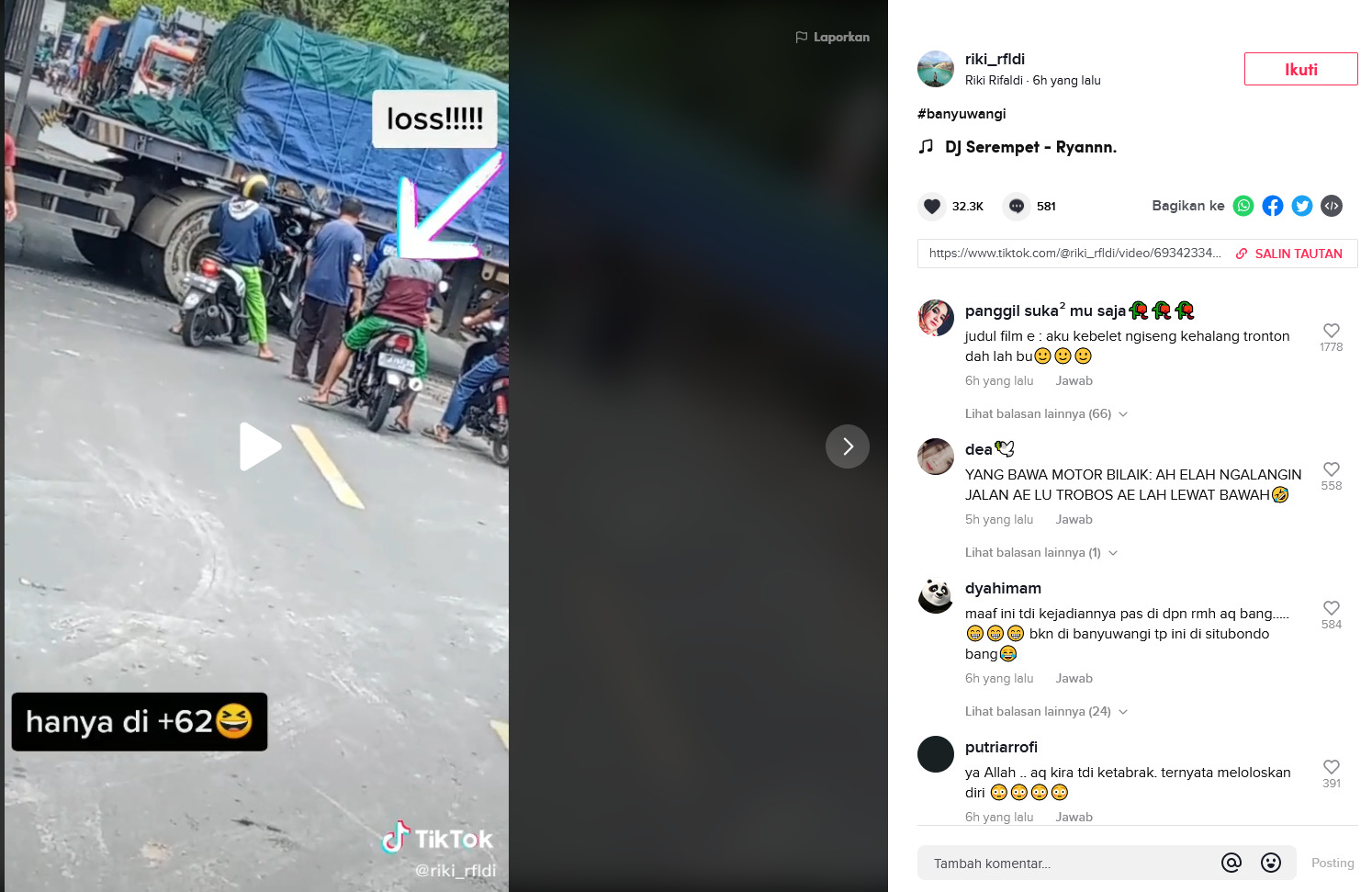 Screenshoot. (Tiktok/@riki_rfldi) pemotor lewat kolong truk