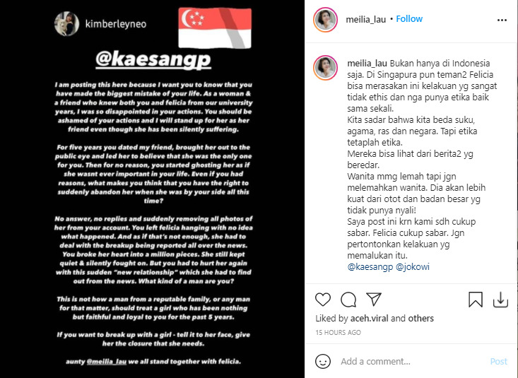 Unggahan Meilia Lau, membagikan story Kimberley Neo. Ist