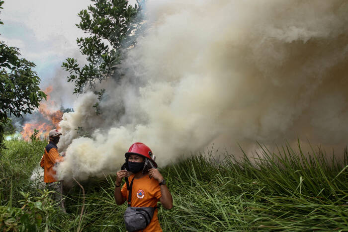 ANTARA FOTO/Rony Muharrman Satgas Kebakaran Hutan dan Lahan (Karhutla) Riau yang terdiri dari petugas Manggala Agni Daops Pekanbaru, BPBD Pekanbaru, Masyarakat Peduli Api dan TNI Polri berusaha memadamkan api yang membakar lahan