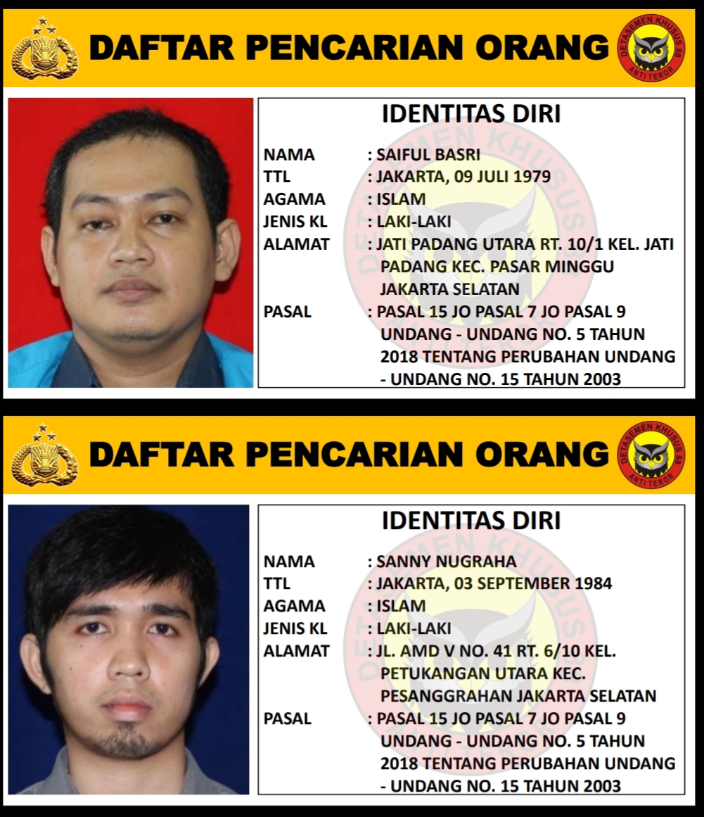 Selebaran berisi dua DPO teroris Jakarta baru. (Istimewa) Mabes Polri Benarkan Keluarkan DPO Teroris Bernama Saiful Basri dan Sanny