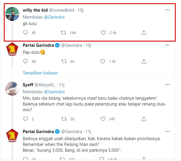 Komentar netizen di kicauan akun Partai Gerindra. / twitter. Komentar netizen di kicauan akun Partai Gerindra. / twitter.
