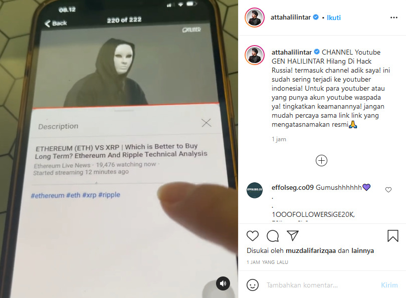 Screenshoot. (Instagram/@attahalilintar) youtube gen halilintar dihack