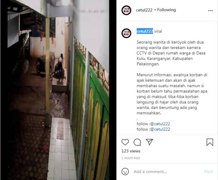 Instagram/cetul222 Dua wanita keroyok seorang gadis di Pekalongan