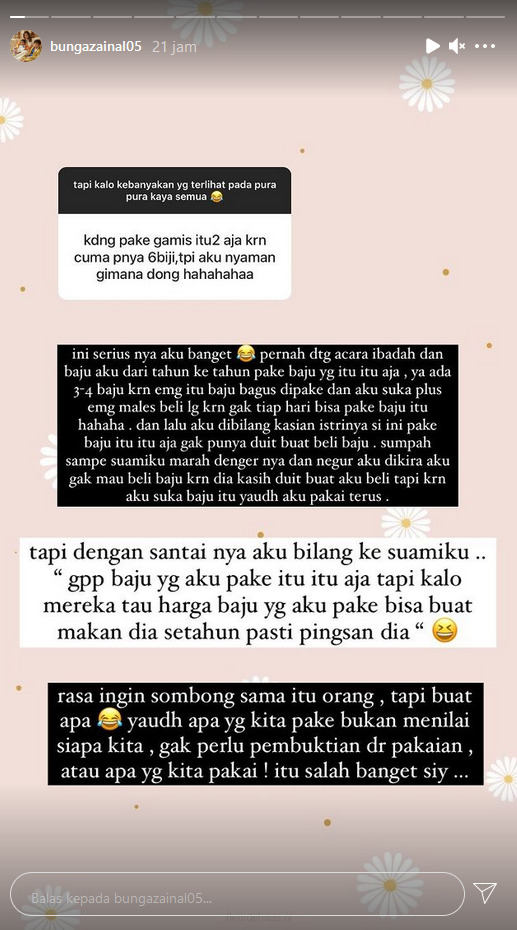 Story Bunga Zainal. (Instagram/@bungazainal05) Bunga Zainal