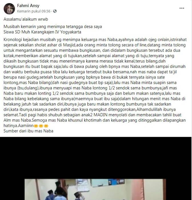 Facebook/Fahmi Ansy Bocah tewas usai makan lontong sate pemberian orang tak dikenal