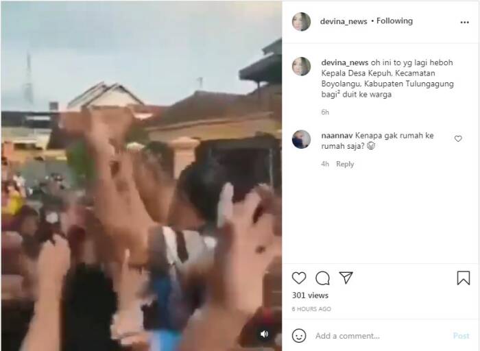 Instagram/devina_news Kepala Desa Kepuh berkerumun tanpa masker bagi-bagi uang ke warga