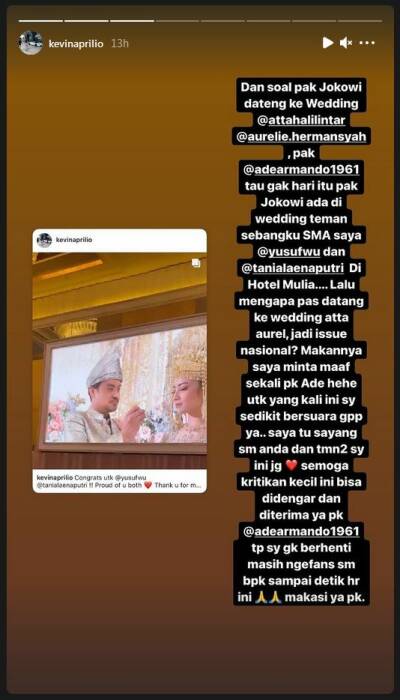Cerita Instagram Kevin Aprilio soal kehadiran Jokowi di Pernikahan temannya. (Instagram/@kevinaprilio) Jokowi datang ke pernikahan atta-aurel
