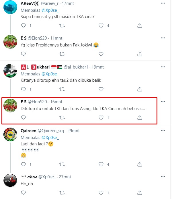 Komentar netizen soal kedatangan WNA diduga asal China. / twitter Komentar netizen soal kedatangan WNA diduga asal China. / twitter