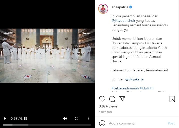 Tangkapan layar postingan Wakil Gubernur DKI Jakarta Ariza Patria. / instagram.