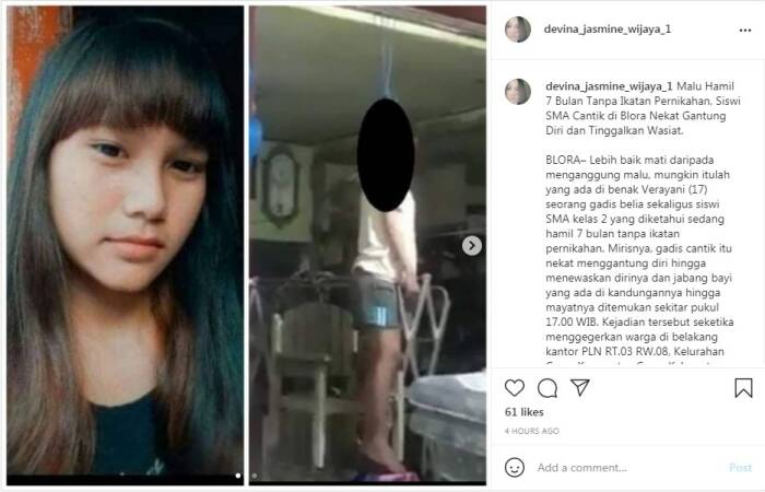 Instagram/devina_jasmine_wijaya_1 Cewek SMA tewas gantung diri karena hamil diluar nikah