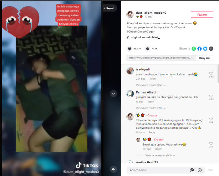 Tangkapan layar postingan TikTok yang memperlihatkan dua cewek mabuk dan tak sadarkan diri. (TikTok cewek mabuk