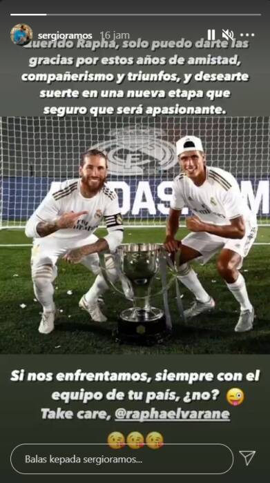Pesan perpisahan Sergio Ramos pada Raphael Varane. (photo/Screenshoot/Instagram Story/@sergioramos) sergio ramos dan Raphael Varane