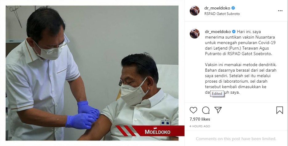 Mantan Panglima TNI yang Kepala Staf Presiden RI, Moeldoko, mengunggah fotonya yang sedang disuntik Vaksin Nusantara oleh mantan Menteri Kesehatan, Terawan Agus Putranto, di RSPAD Gatot Soebroto, pada hari Jumat, (30/7). (Foto/Instagram Moeldoko) Kepala Staf Presiden RI, Moeldoko