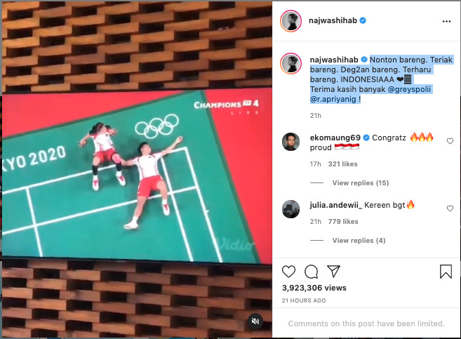 Postingan yang menyaksikan langsung kemenangan pasangan ganda putri Greysia/Apriyani. (Instagram/ najwa shihab