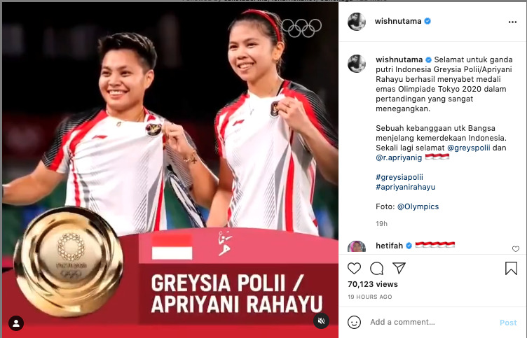 Postingan Wishnutama yang mengungkapka rasa bangga dan mengucapkan selamat kepada pasangan ganda putri Greysia/Apriyani. (Instagram/ wishnutama