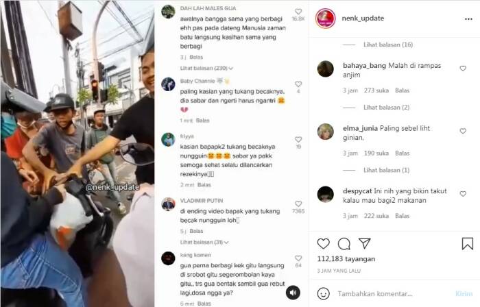 Instagram/nenk_update Sejumlah pengamen rampas wanita yang lagi bagi-bagi makanan di jalan