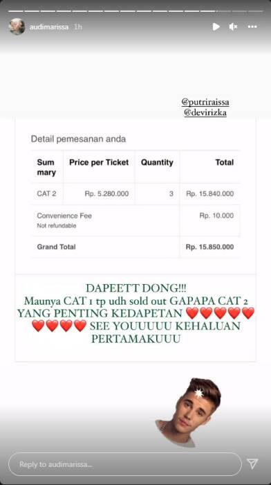 Audi Marissa dapat tiket konser Justin Biebee
