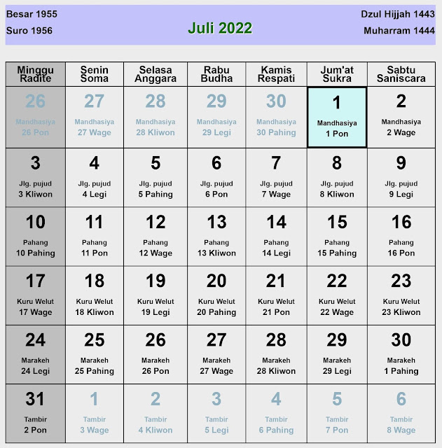 kalender jawa juli 2022